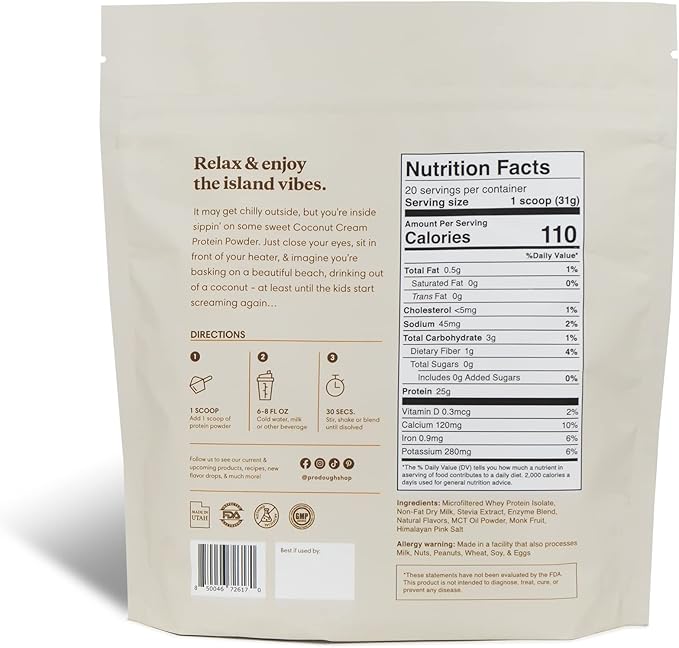 ProDough Gourmet Whey Isolate Hydrolized Protein Powder for Shake Mix- Easy Digest Enzyme Blend 25g Protein per Serving Natural Ingredients Gluten Free Keto Friendly (Coconut Cream)