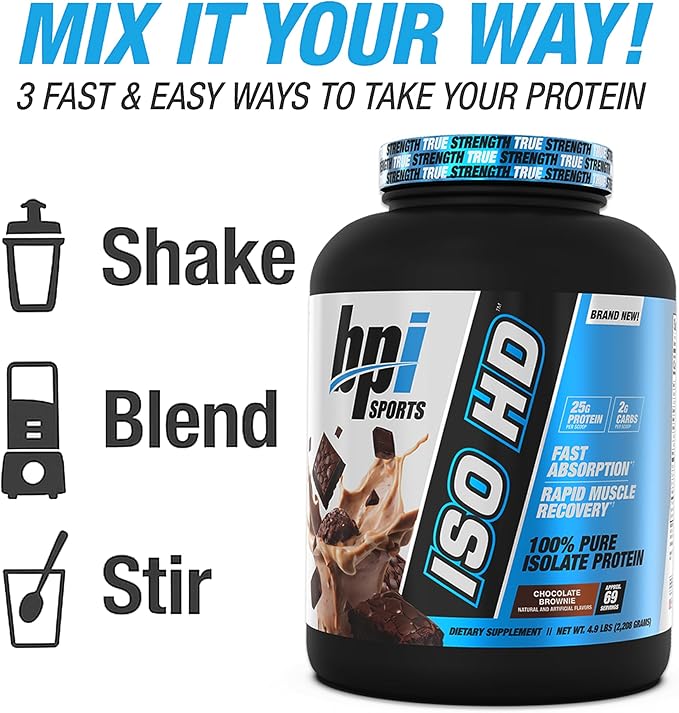 BPI Sports ISO HD Isolate Protein Powder – 100% Whey Isolate Protein Powder for Muscle Gain - Chocolate Brownie 5.4 Pounds - 69 Servings