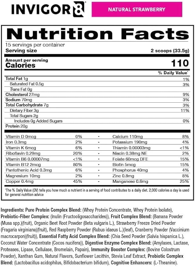 INVIGOR8 Superfood Grass Fed Whey Protein Isolate Shake Natural Strawberry Gluten-Free and Non GMO Meal Replacement with Probiotics and Omega 3 (645g)
