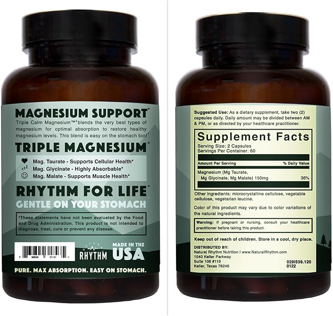 Natural Rhythm Triple Calm Magnesium Complex - 120 Capsules Chelated Magnesium Glycinate Taurate &amp Malate High Absorption Supplement for Sleep Stress Muscle &amp Heart Support Non-GMO Vega