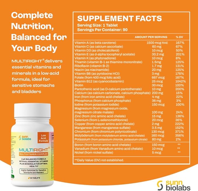 MULTIRIGHT | Low Acid MULTIVITAMIN | Bladder-Friendly | 14 Vitamins &amp 14 Minerals | pH Balanced | Easy on Digestion-Less Acidic | Buffered Vitamin C | 90 Tablets