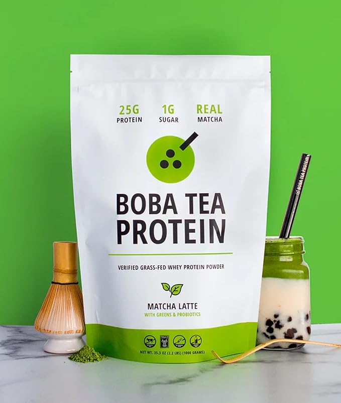 Boba Tea Protein Matcha Latte | 25g Grass-Fed Whey Protein Isolate Powder | Gluten-Free &amp Soy-Free Bubble Tea Protein Drink | Real Ingredients &amp Lactose-Free Protein Drink | 25 Servings