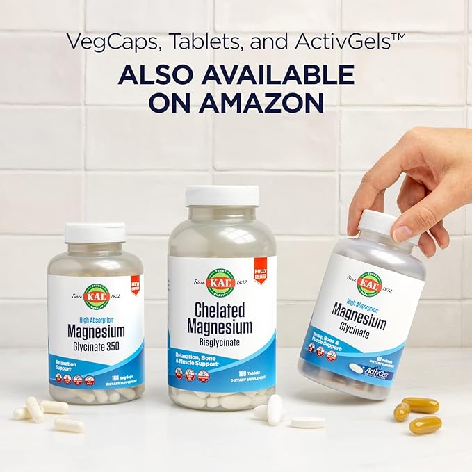 KAL Magnesium Glycinate New &amp Improved Fully Chelated High Absorption Formula with BioPerine Bisglycinate Chelate for Stress Relaxation Muscle &amp Bone Health Support 60 Servings 240 VegCa