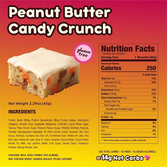 Prime Bites Protein Brownie from Alpha Prime Supplements | High Protein Collagen Fortified Low Sugar Treat | Delicious Snack | 12 Bars per Box (Peanut Butter Candy Crunch)