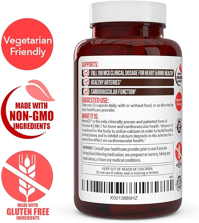 Vitamin K2 D3 Supplement 5000 IU D3 and 180 mcg Vitamin k2 MK7 Supplement for Healthy Bones Healthy Heart &amp Cardiovascular Health-60 Easy to Swallow Vegetable caps of MenaQ7 K2 MK7