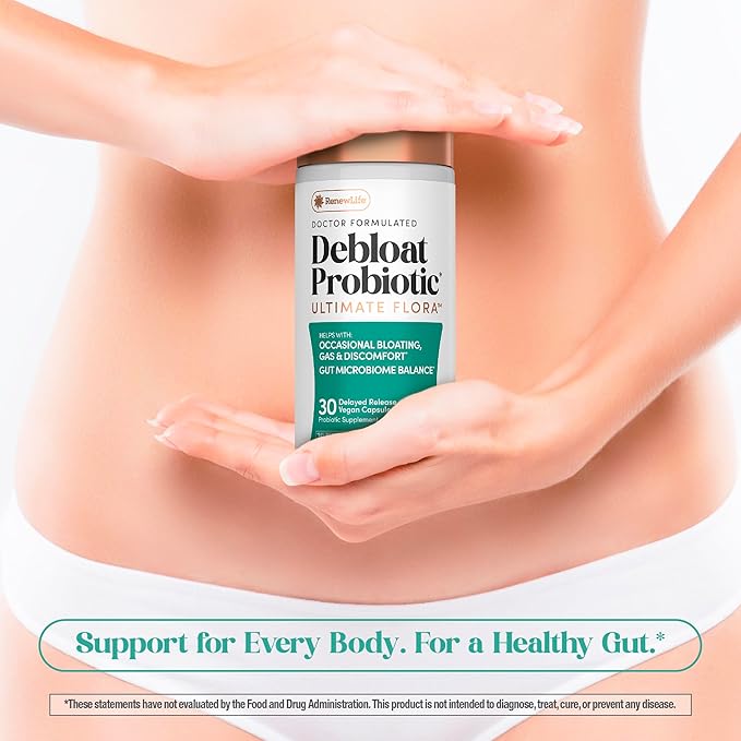 Renew Life Ultimate Flora Debloat Probiotic | 30 Delayed Release Vegan Capsules | with Potent Digestive Enzymes B12 &amp Chromium | Free of Gluten Dairy and Soy
