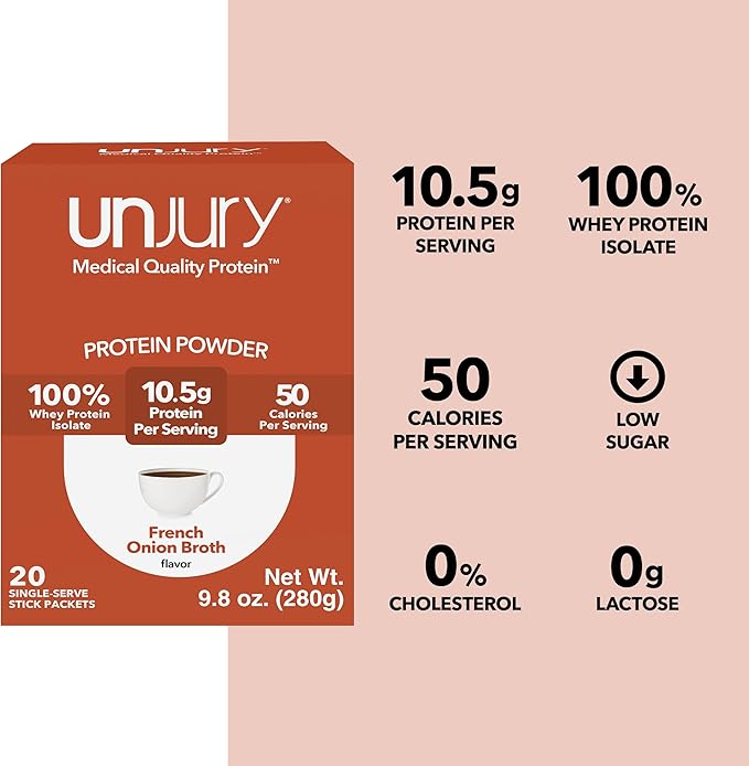 Unjury Whey Protein Powder Individual Stick Packs | French Onion | 10.5g 100% Whey Isolate Protein Powder | Low Carb and Lactose Free | Gluten Free | Certified Kosher | 20 Servings