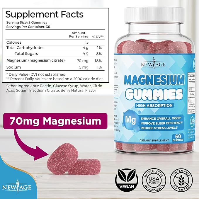 Magnesium Gummies - Calming Anti-Stress Gummies Magnesium Supplement for Adults and Kids Vegan Gelatin-Free Gluten-Free Non-GMO Delicious Natural Raspberry Flavor- 60 Count - by New Age
