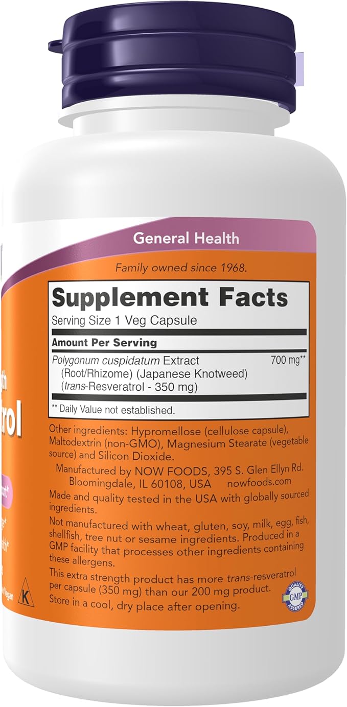 NOW Foods Supplements Extra Strength Resveratrol 350mg Natural Trans Resveratrol from 700 mg Japanese Knotweed Extract 60 Veg Capsule (Pack of 2)