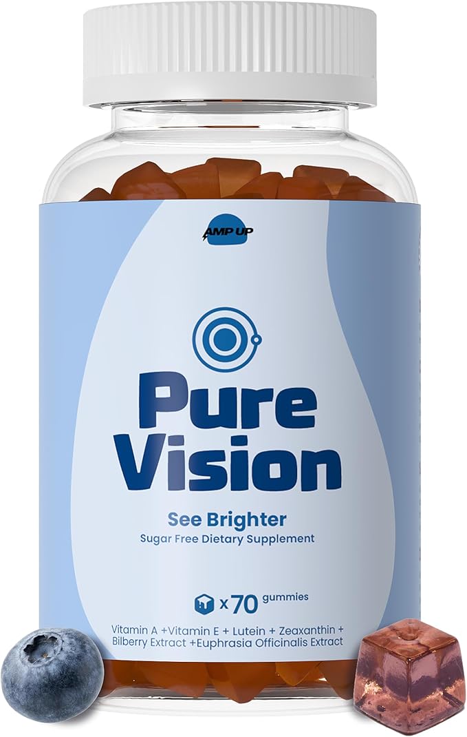AmpUp Eye Wellness Sugar-Free Gummies with Lutein &amp Zeaxanthin Bilberry &amp Vitamin A + E Gluten Free Gelatin Free Non GMO Vegetarian Blueberry Flavor 70 Gummies