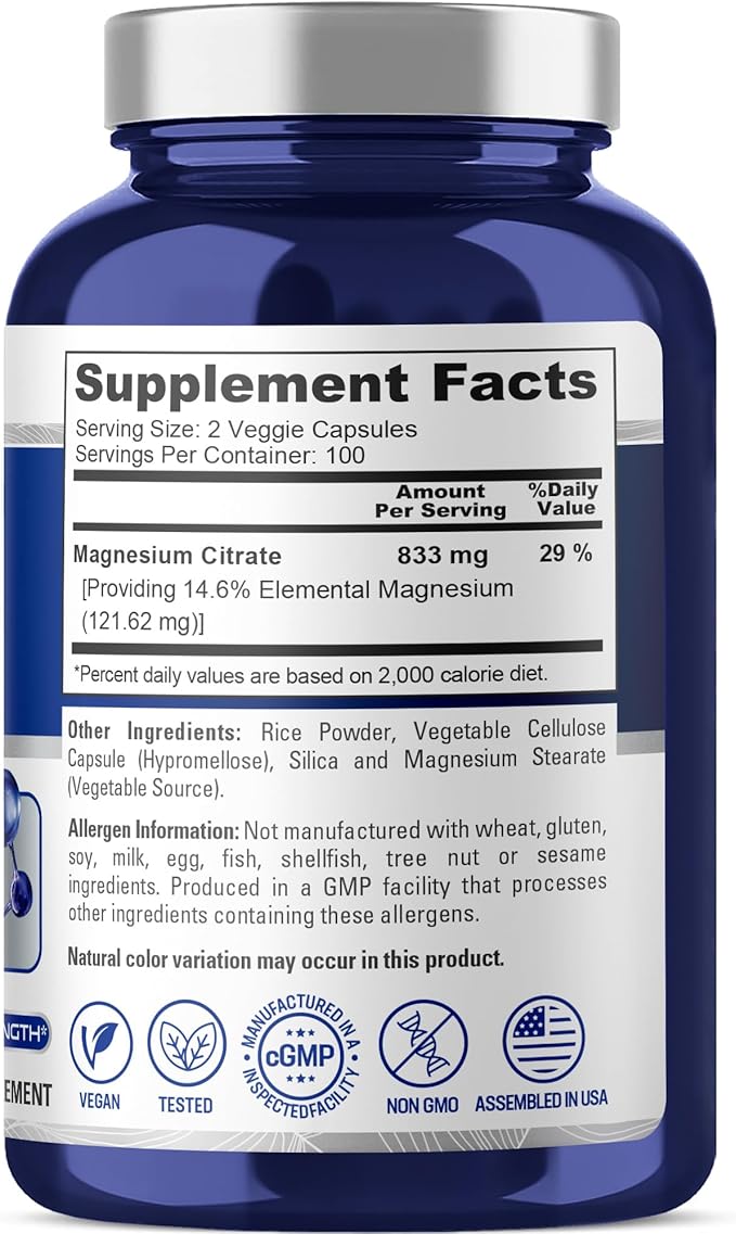 NusaPure Magnesium Citrate 833mg - 200 Veggie Capsules (Vegetarian Non-GMO Vegan)