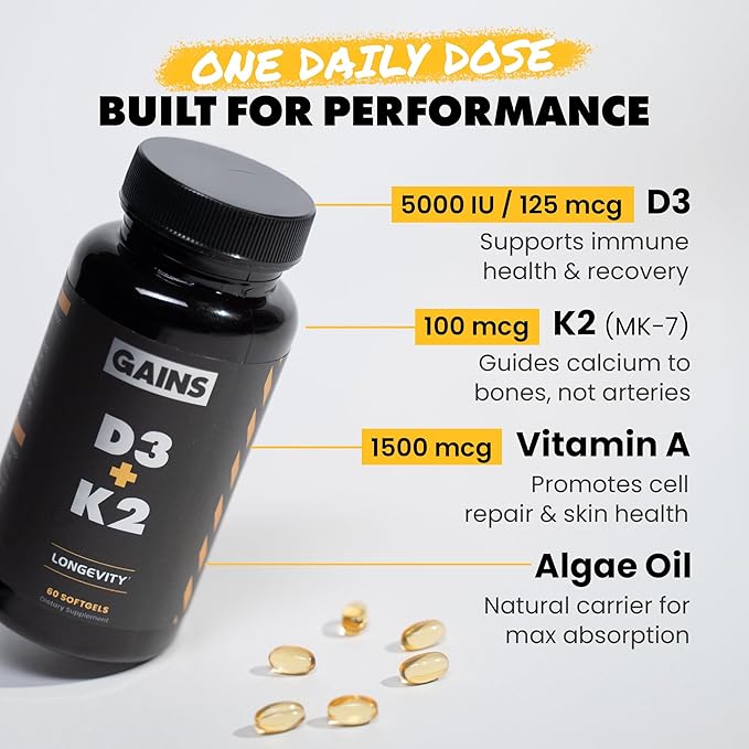 Gains in Bulk D3 K2 Supplement Vitamin D3 5000 IU Vitamin K2 100 Mcg Vitamin A 5000 IU Algae Oil with Omega 3 Wellness Support for Men &amp Women Gluten Free Vegan Non GMO 60 Softgels