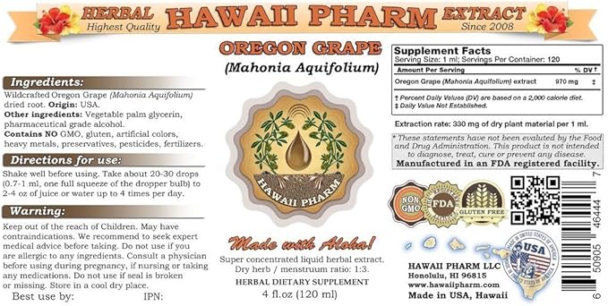Hawaii Pharm Oregon Liquid Extract Oregon (Mahonia aquifolium) Tincture Herbal Supplement Made in USA 2x2 fl.oz