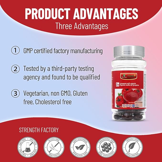 Lycopene Softgel Capsule 500mg Super Vegetable Tomato Supplement Extract Supports Heart Prostate &amp Skin Health 100 Count