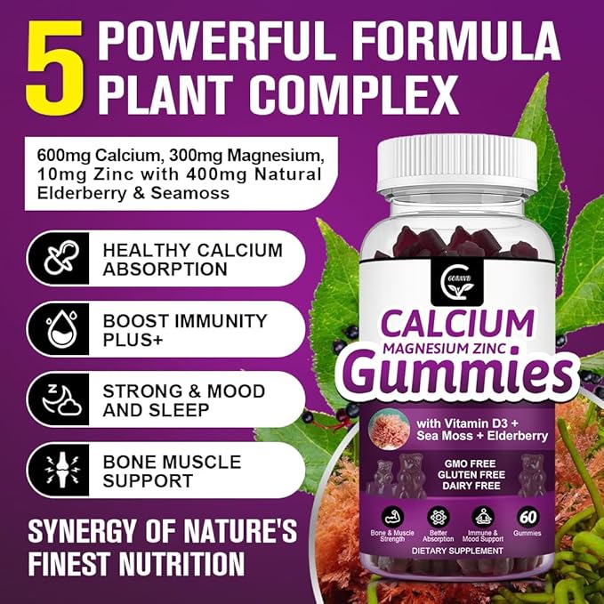Calcium Magnesium Zinc Gummies with High Absorption Magnesium Glycinate 300mg Potassium - Plant Complex Calcium Magnesium 2:1 Ratio with D3 Sea Moss for Bone Immune &amp Sleep Support Vegan-2 Pac
