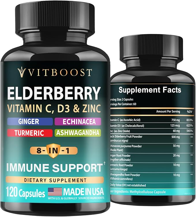 Elderberry Immune Support Supplement 8-in-1 Formula with Echinacea Vitamin C &amp Zinc Vitamin D 5000 IU Turmeric Ginger Ashwagandha – 120 Capsules