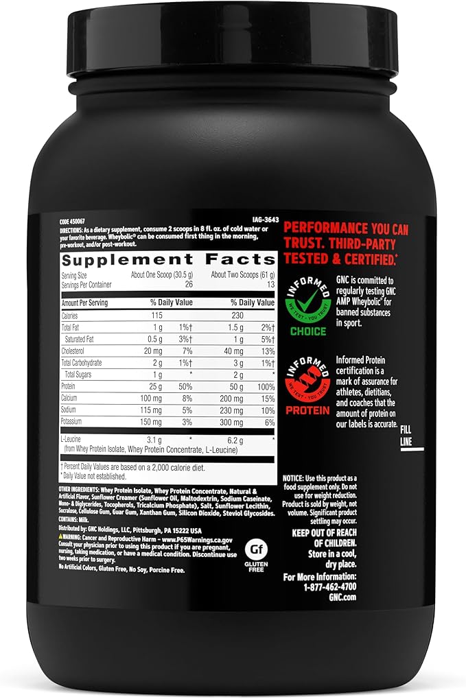 GNC AMP Wheybolic Clinically Proven Protein Powder 50g Whey Protein BCAA Leucine Increases Muscle Strength Muscle Building 3rd Party Tested Gluten Free Classic Vanilla 13 Servings