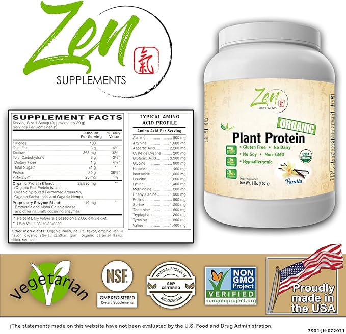 Zen Supplements - Organic Plant Protein Vanilla 1 LB-Powder - 25.5g of Organic Protein per Serving - Certified Non-GMO Gluten Free and Vegan-Friendly Organic Protein Powder.