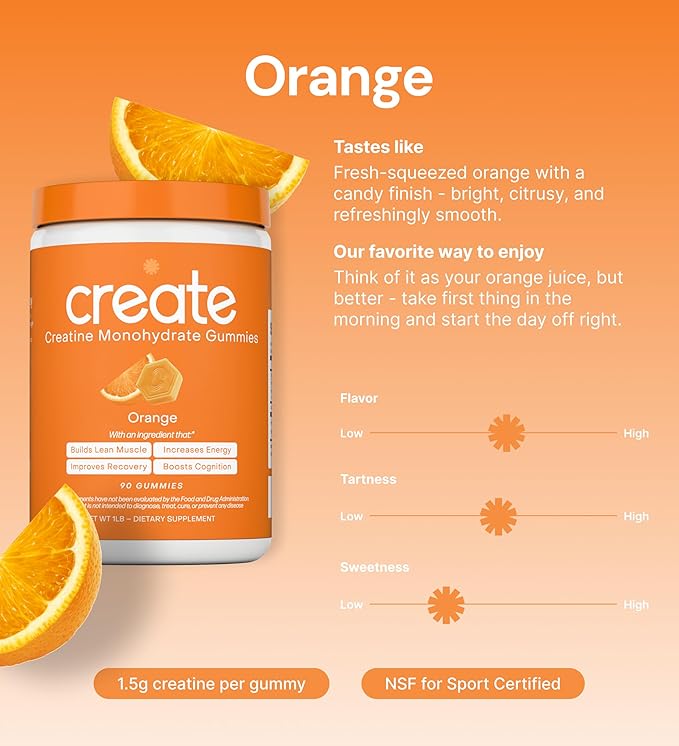 Create Creatine Monohydrate Gummies for Men &amp Women Boost Focus Strength and Endurance Anti-Melting Formula Vegan Gluten-Free Non-GMO 1.5g of Creatine per Gummy (Orange)