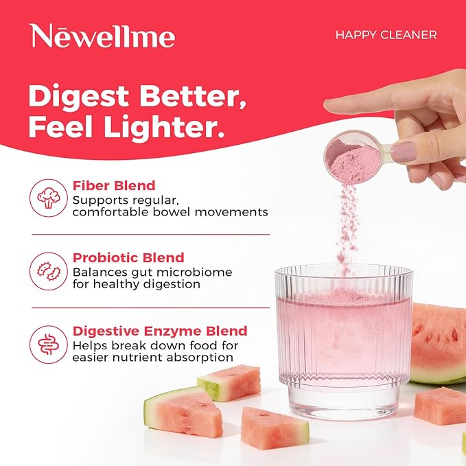 NEWELLME Happy Cleaner Digestive Supplement Powder Gut Health Drink Mix with Probiotics Digestive Enzymes &amp Fiber Supports Digestion and Bloating Watermelon Flavor 28 Sachets (2 Boxes)
