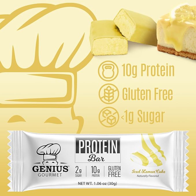 Genius Gourmet Protein Bar Iced Lemon Cake Keto Snack Low Carb Low Sugar &amp Gluten Free Protein Snacks for Adults 10G of Whey Protein per Protein Bar 5 Net Carbs 10 Count