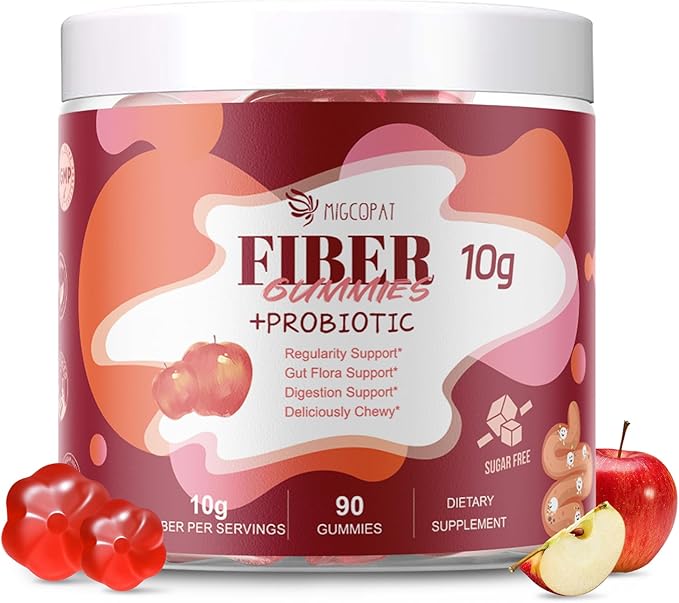 Fiber Gummies with Probiotics10G Fiber per Serving No Sugar Added Apple Flavor with 10 Billion CFU Probiotics Blend Apple Cider Vinegar Vitamin C Inulin Bloating Support 90 Count