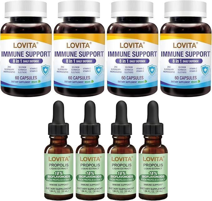 LOVITA 8-Pack Seasonal Defense Bundle - 4 Propolis Liquid &amp 4 Immune 8-in-1 Bottles Elderberry &amp Zinc Formula