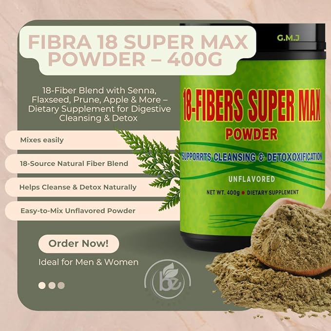 FIBRA 18 Super MAX Powder – 400g – 18-Fiber Blend with Senna Flaxseed Prune Apple &amp More – Dietary Supplement for Digestive Cleansing &amp Detoxification Unflavored – Natural Digestive Suppor