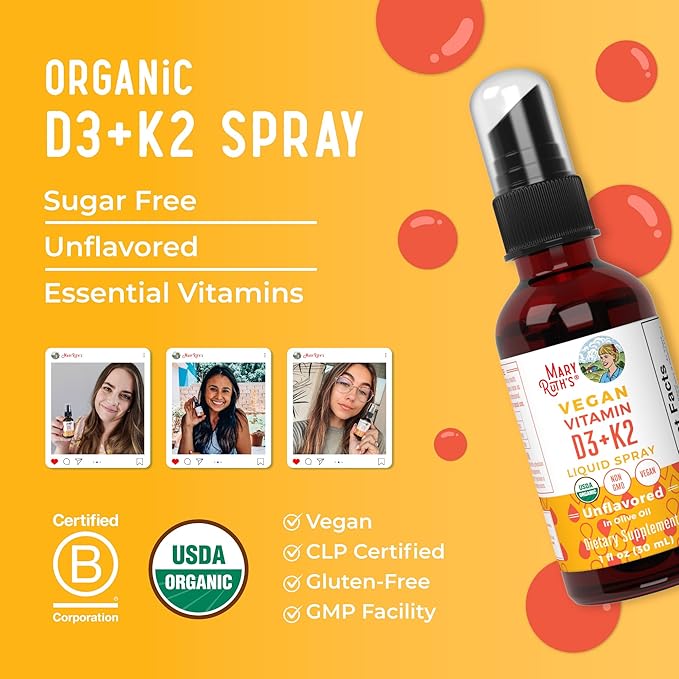 MaryRuth's Organic D3 + K2 Spray for Adults &amp Kids for Bone Health | Vitamin D3 as Cholecalciferol | Vitamin K2 | Immunity | Mineral Absorption | Heart Health | Vegan | Non-GMO | Gluten Free | 1 F