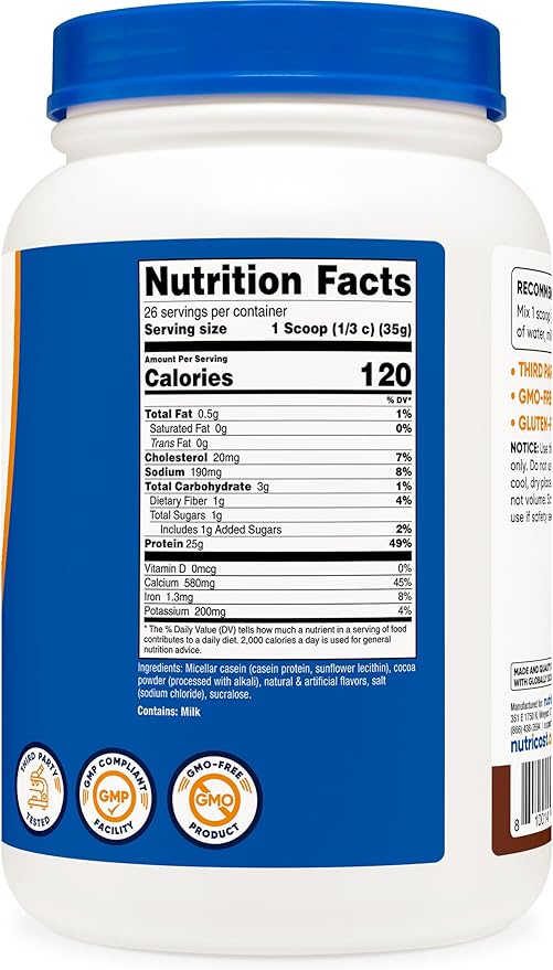 Nutricost Casein Protein Powder 2lb Chocolate - Micellar Casein Gluten Free Non-GMO