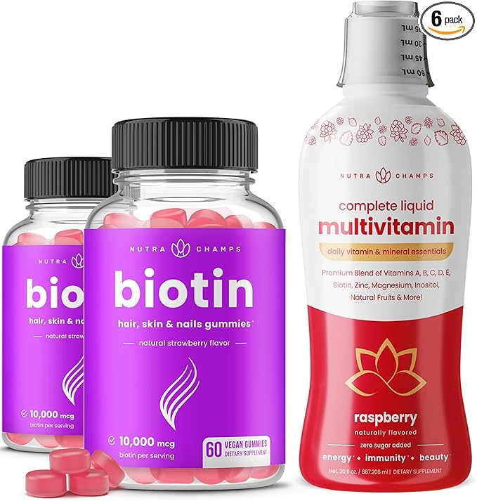NutraChamps Biotin Gummies (2 Pack) and Liquid Multivitamins 3 Pack Bundle