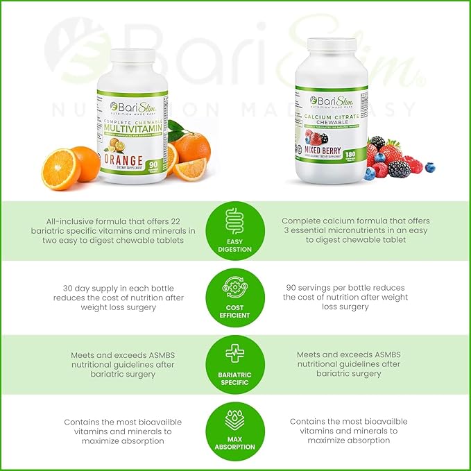 BariSlim Bariatric Calcium Citrate &amp Complete Chewable Multivitamin - Bariatric Vitamin and Supplement for Post Bariatric Surgery Including Gastric Bypass and Gastric Sleeve