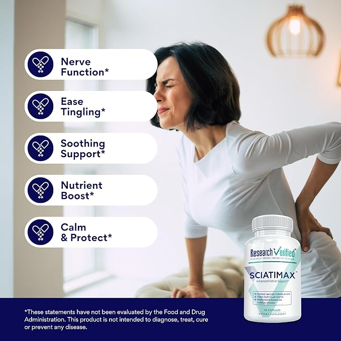 Research Verified Sciatimax – Sciatica &amp Nerve Support with B Vitamins Magnesium Corydalis Boswellia &amp Alpha Lipoic Acid – 60 Vegan Capsules - Pack of 3