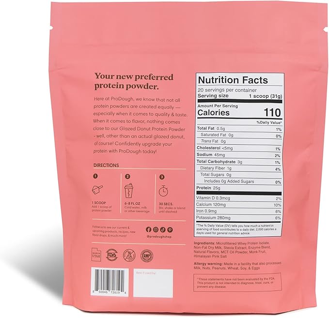 ProDough Gourmet Whey Isolate Hydrolized Protein Powder for Shake Mix- Easy Digest Enzyme Blend 25g Protein per Serving Natural Ingredients Gluten Free Keto Friendly (Glazed Donut)
