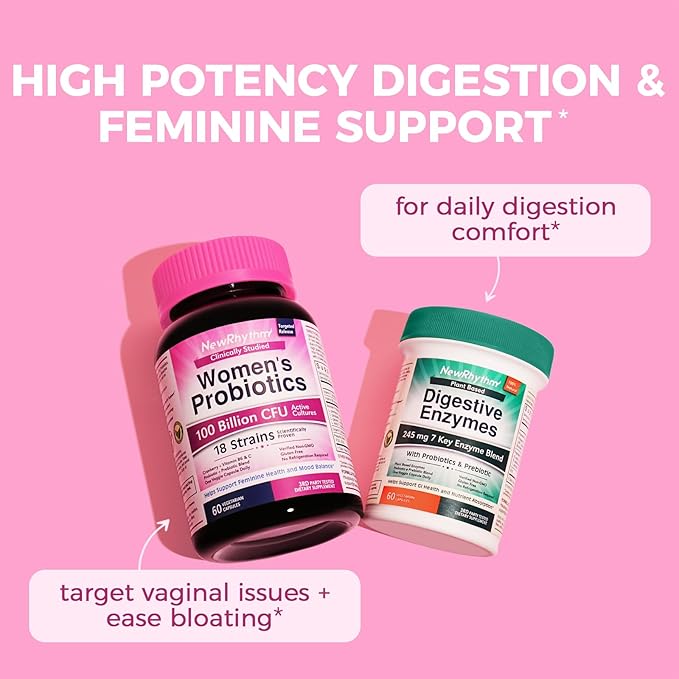 NewRhythm Digestion &amp Feminine Health Bundle Probiotics Prebiotics Digestive Enzymes Cranberry Vitamin C &amp B6 Bundle &amp Save 60 Capsules Each