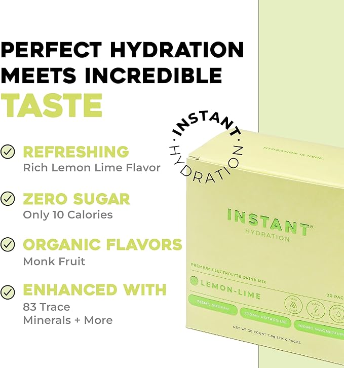 Instant Hydration Electrolytes Powder Packets - Lemon Lime Drink Mix - Zero Sugar - Keto Vegan Gluten-Free Non-GMO - Boost Recovery Brain Health Muscle &amp Tissue Support- 30 Sticks
