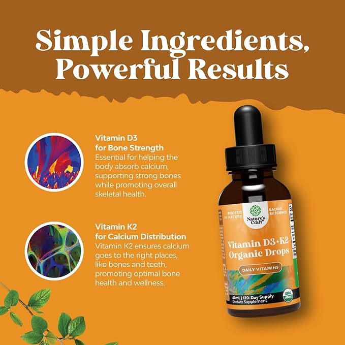 Natures Craft Liquid Vitamin D3 with K2 for Adults - Organic Drops 2000IU per Serving Vegan Bone Muscle Heart &amp Immune Support MCT Oil Enhanced Absorption - 2Fl Oz (Pack of 1)