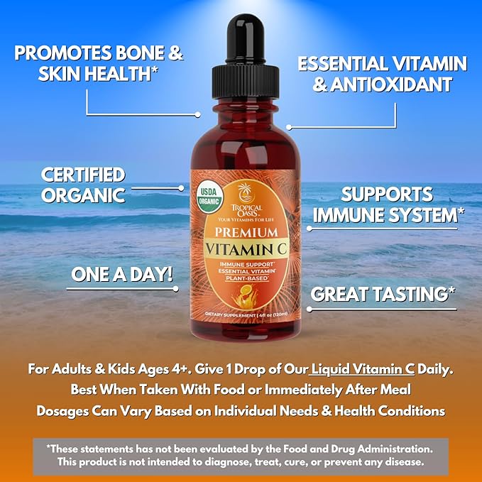 Tropical Oasis USDA Organic Liquid Vitamin C Drops for Adults &amp Kids | Supports Healthy Immune System | 98% Absorption Rate | Vegan | Non-GMO | Gluten Free | 60 Servings