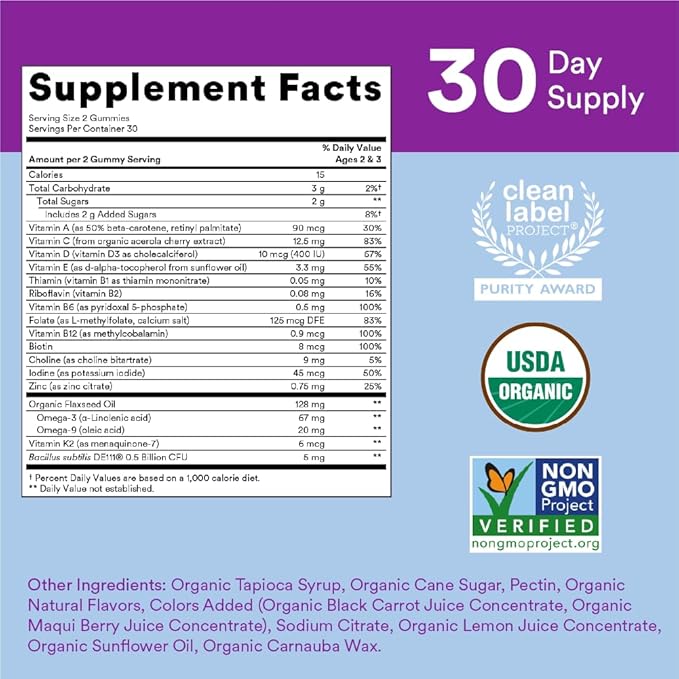 SmartyPants Organic Women's and Toddler Multivitamin Gummies with Probiotics Omega 3 Vitamins D3 B12 C A K Zinc and More Gluten Free 120 and 60 Count