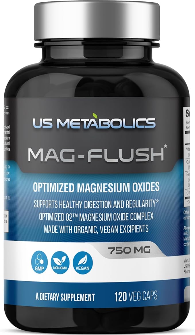 Mag Flush Magnesium Oxide Capsules 750mg 120 Vcaps - Oxygenated Magnesium Oxide Supplement for Constipation Relief Colon Cleanse Laxative and Digestion Support for Women and Men