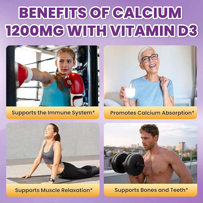 Calcium Citrate Gummies - 1200mg Calcium Gummies Supplements for Women &amp Men with Vitamin D3 K2 Magnesium Zinc High Absorption for Bone Muscle &amp Immune Support Grape Flavor 120 Count