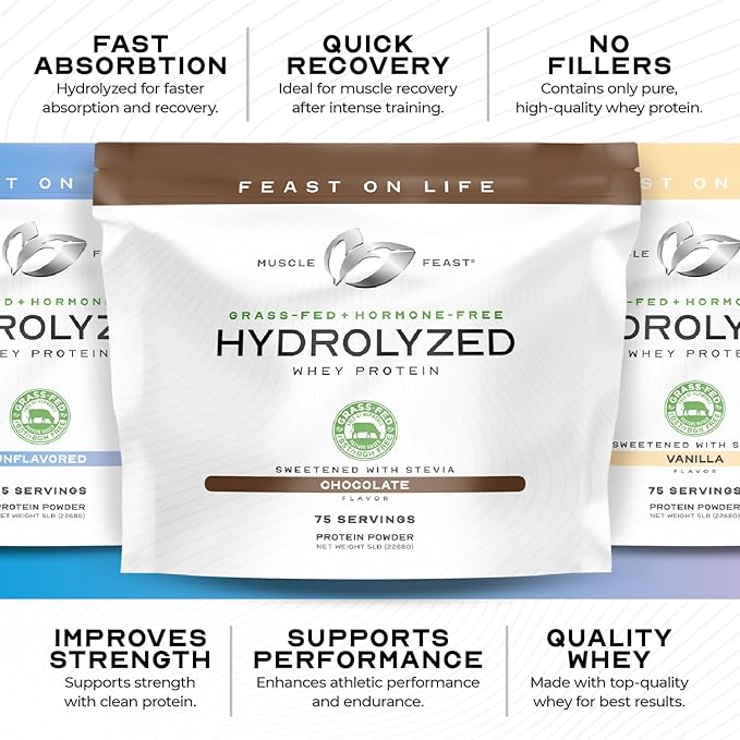 Muscle Feast Hydrolyzed Whey Protein Powder Grass Fed and All Natural Hormone-Free Hydro Whey Powder for Men and Women Gluten Free Non-GMO Delicious Hydrolyzed Protein Powder Unflavored 2lb