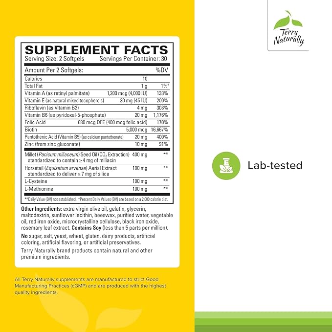 Terry Naturally Hair Renew Formula - Healthy Hair Growth Supplement with Biotin B Vitamins &amp Zinc - Millet Seed Oil for Keratin Production Support &amp Stronger More Radiant Strands - 60 Softgel