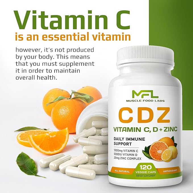| C D Z | Vitamin C 1000mg | Vitamin D3 125mcg | Zinc 25mg | Non-GMO &amp Gluten Free | 120 Vegetarian Capsules | 120 Servings