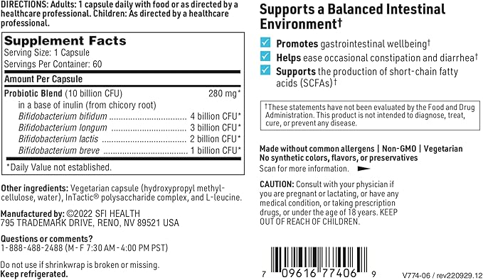 Klaire Labs SFI Health Ther-Biotic Factor 4-10b CFU Bifidobacterium Bifidum Probiotic with Breve Lactis &amp Longum - Immune + Gut Health Support - Hypoallergenic Bifidobacterium Probiotic (60 Caps)