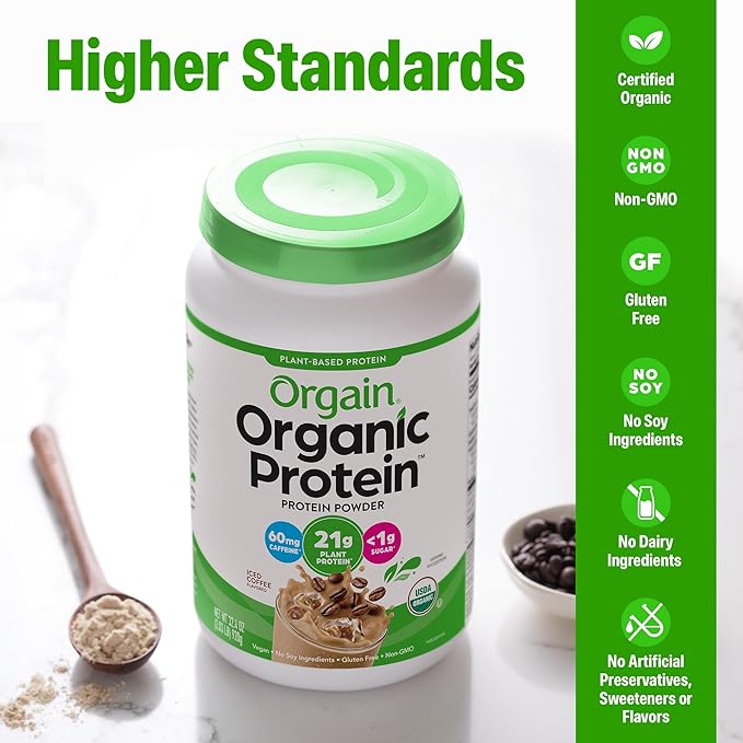 Orgain Organic Vegan Protein Powder Iced Coffee - 21g Plant Protein 60mg of Caffeine Low Net Carb No Lactose Ingredients No Added Sugar Non-GMO For Shakes &amp Smoothies 2.03 lb