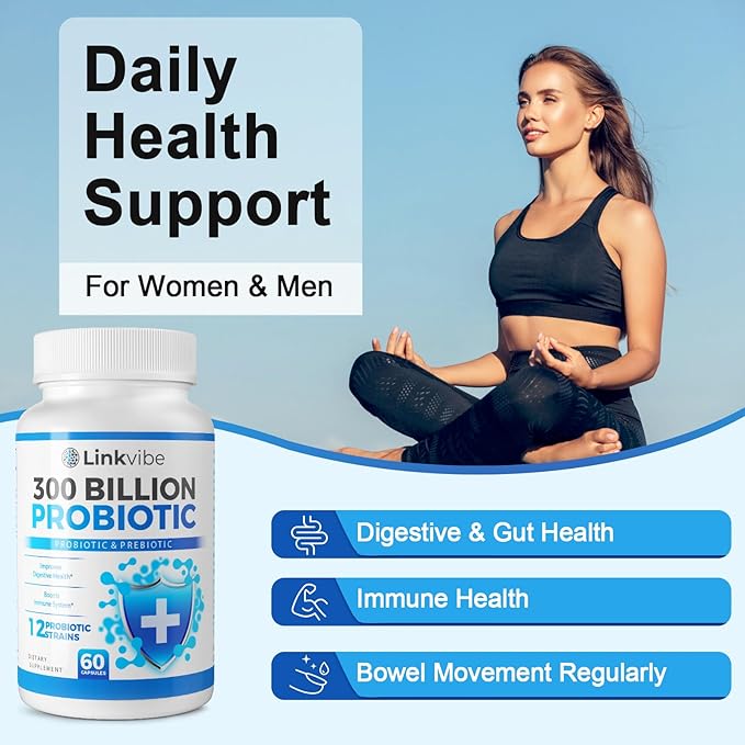 Probiotic 300 Billion CFU - 12 Strains with Organic Prebiotics for Digestive &amp Gut Immune Bloating Health - Probiotics for Women and Men - Daily Dairy Free Shelf Stable - 60 Counts