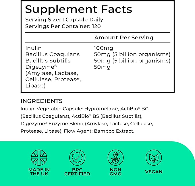 MultiSpore® Plus (Bacillus Coagulans &amp Bacillus Subtilis) Spore Based Probiotic | 120 Capsules - 4 Month Supply | Bloating Relief/Gut Health | Includes Digestive Enzymes &amp Prebiotic Inulin | U