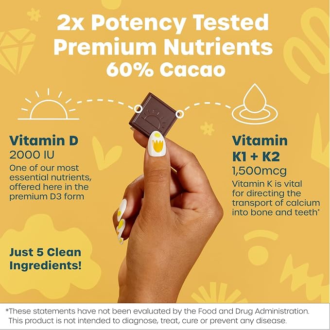 Fx Chocolate Sunshine - Vitamin D Sugar Free Chocolate for Mood Immune &amp Bone Support - 2000 IU D3 with Vitamin K Keto (Box of 15)