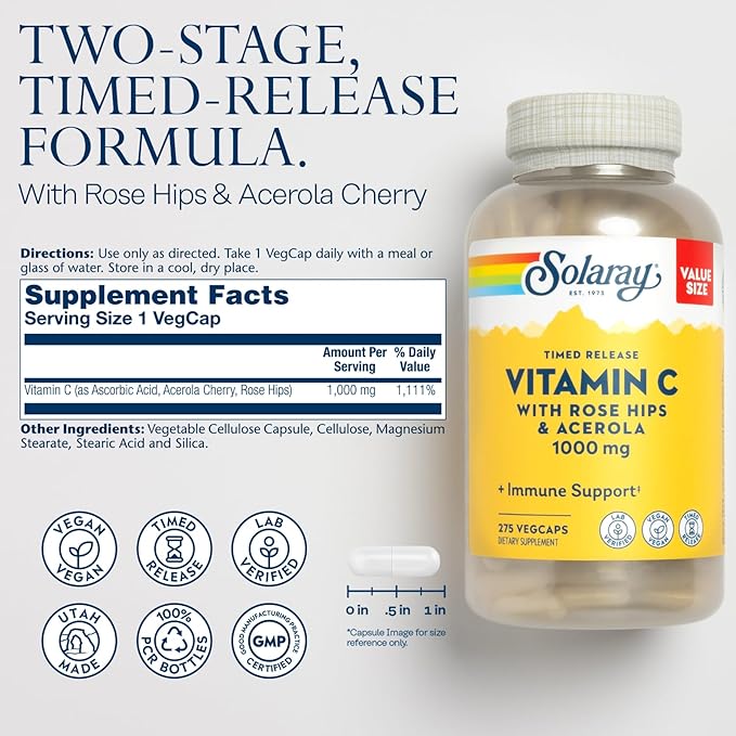 SOLARAY Calcium Magnesium Zinc and Timed Release Vitamin C - Bone Health Immune Support Bundle 1000mg Calcium 500mg Magnesium 1000mg Vitamin C Supplement Vegan 60-Day Guarantee 275 VegCaps Each